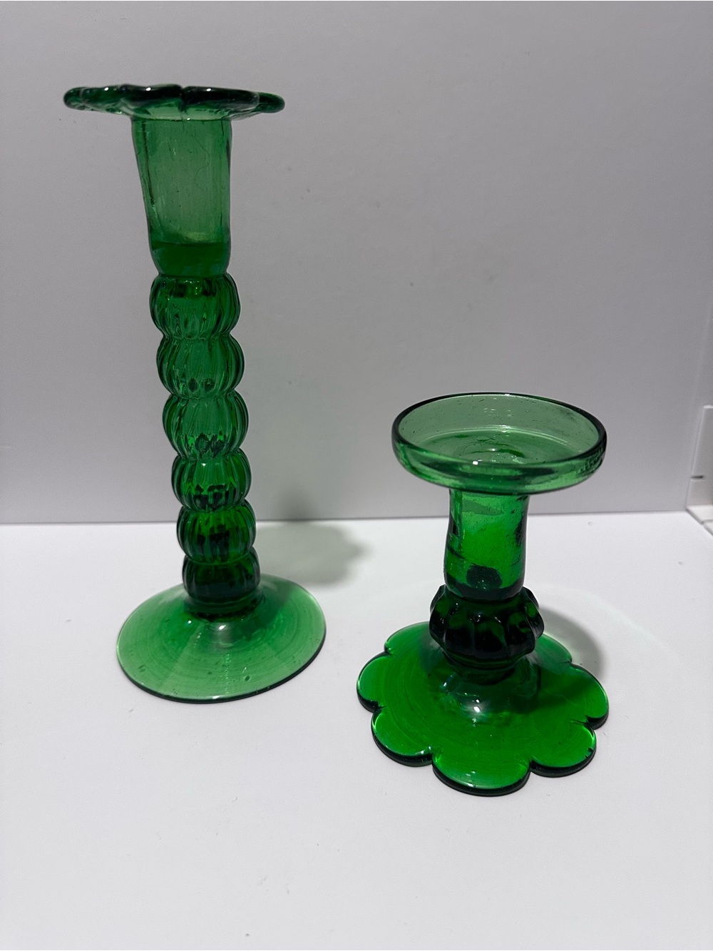 Vintage Pair of Green Glass hand blown Candlestick
Holders